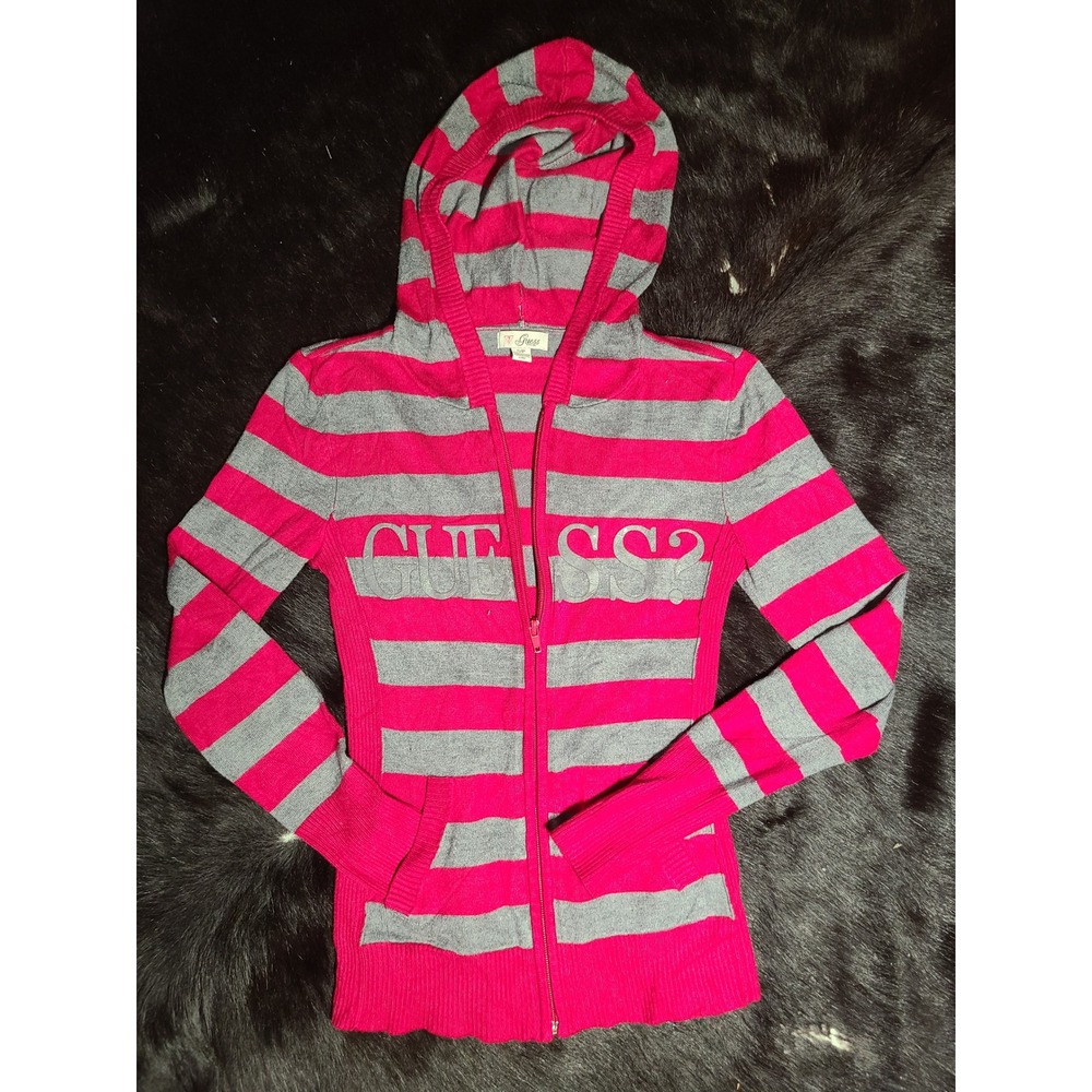 Guess Zip Up Hoodie Women Small Pink Grey Excellent Y2K Striped Logo Knit